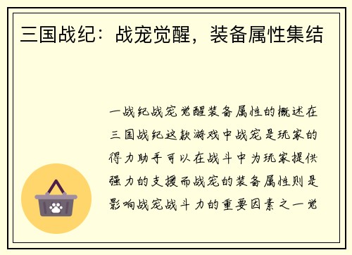 三国战纪：战宠觉醒，装备属性集结